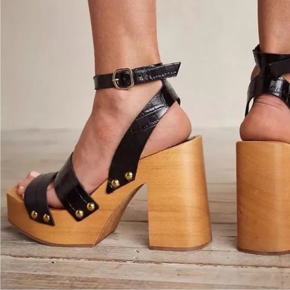 NEW Free People Mallory Black Strappy Wooden Clogs Sandals Heels EU 38 US 8
